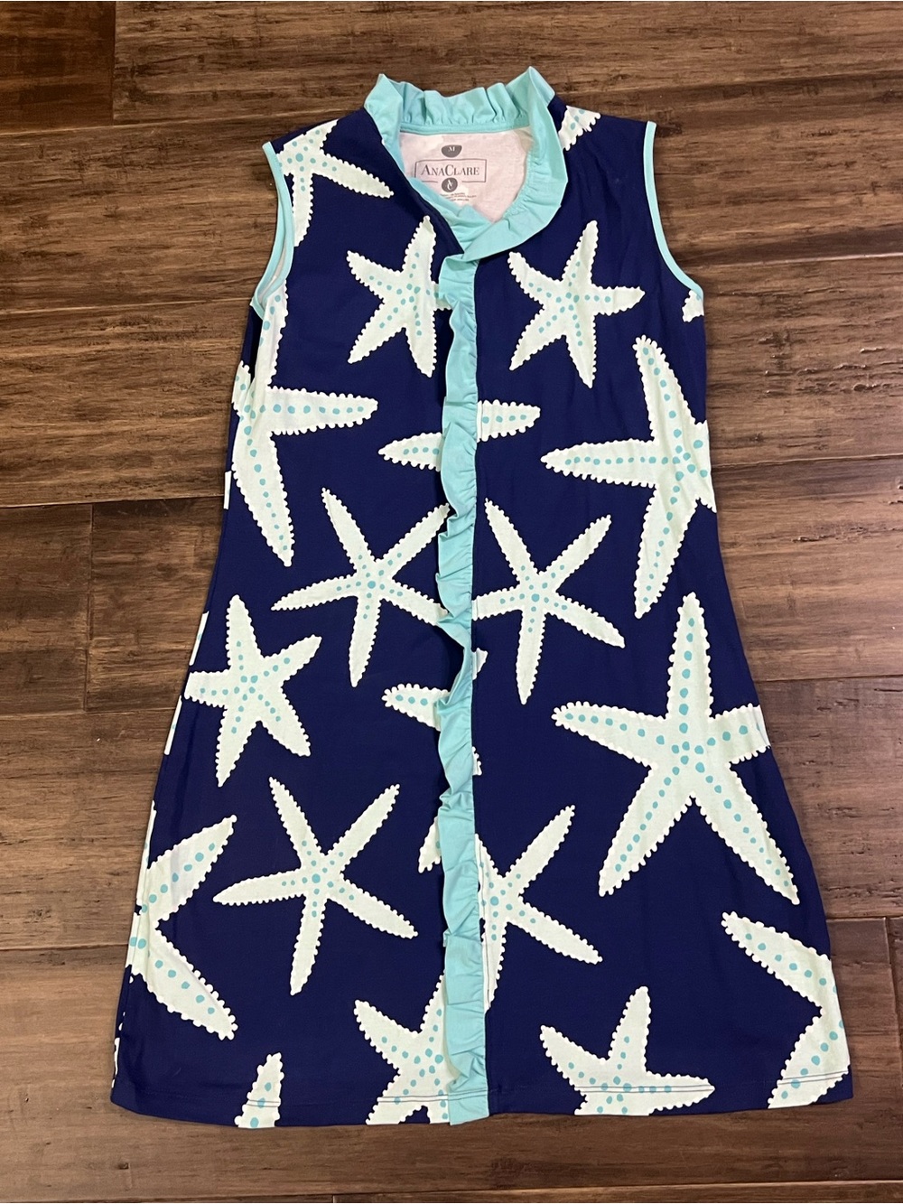Ladies AnaClaire blue white starfish summer resort sleeveless mini dress sz M